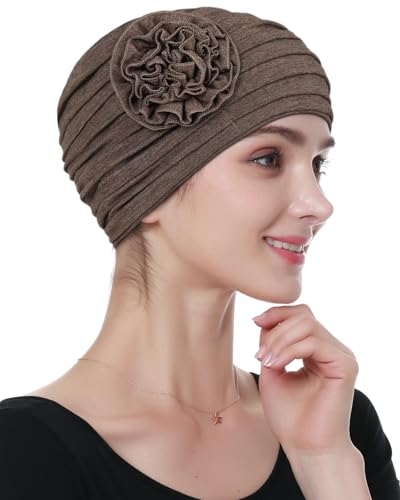 Alnorm Flower Design Chemo Hair Loss Caps Cancer Headwear for Women - color: Hemp Camel