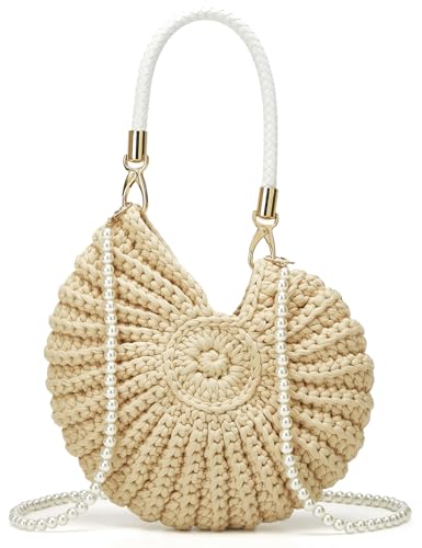 Handmade Crochet Tote Bag Seashell Purse for Women Boho Shell Handbag Crossbody Shoulder Bag Summer Beach Clutch Hobo Handbag - color: Lightkhaki