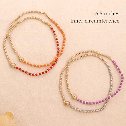 Gold Beaded Stackable Friendship Bracelets Set for Women, Handmade Boho Stretch Summer Jewelry Gift. - color: gold orange gray red purple