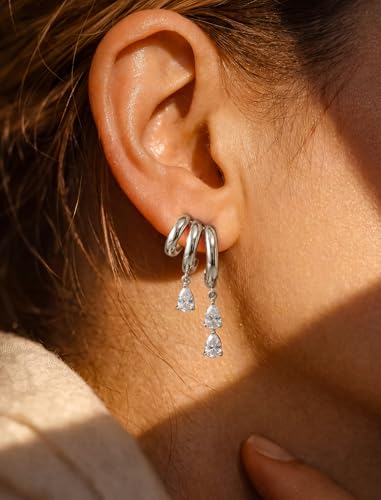 Triple Huggie Stacked Earrings for Women Gold Chain Drop Dangle Earrings Cute Statement CZ Earrings Trendy Dainty Jewelry Gift - color: Silver 4