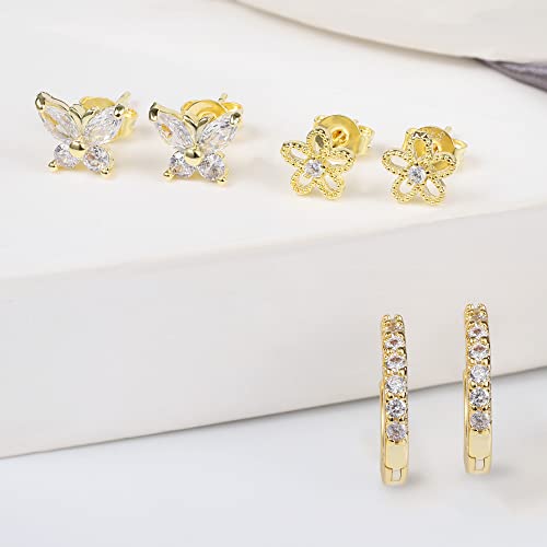 BOUTIQUELOVIN 14K Gold Stud Earrings Set for Women, for Multiple Piercing Silver Plated Studs Earrings and Zirconia Earring Set Small Huggie Hoop Chain Earing - color: 6Pairs Gold A