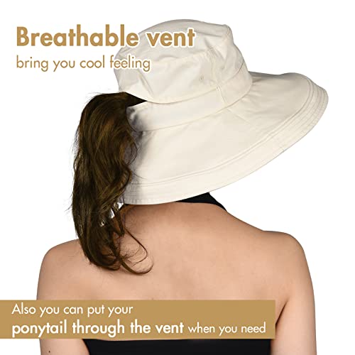 Sun Hats for Women Gardening Hat Wide Brim Ponytail Beach Sun Protection Breathable Cotton Summer Hat with Fold-Up Brim - color: Beige