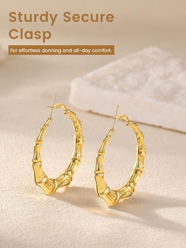 KeyStyle Bamboo Hoop Earrings for Women, Stainless Steel 90s Hoops Earring Lightweight Loops for Party, 2 mm Thick Hypoallergenic Vintage Circle Endless Thin Hoop (40mm, 60mm, 80mm,) - color: 14K Plated Gold-40mm