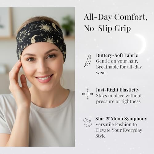 Wide Headbands for Women Non Slip Knotted Headhand Bandana Star Moon Head Bands Hair Wrap Yoga Workout Hair Accessories 4 Pack - color: 4 Pack Star Moon Headbands Style 10