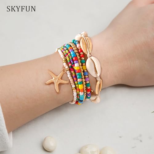 Beach Bracelets for Women Bohemian Stackable Heishi Surfer Bracelet Set Elastic Seashell Starfish Boho Friendship Bracelets for Summer Beach Party Holiday Vacation Jewelry - color: 7PCS-Colorful