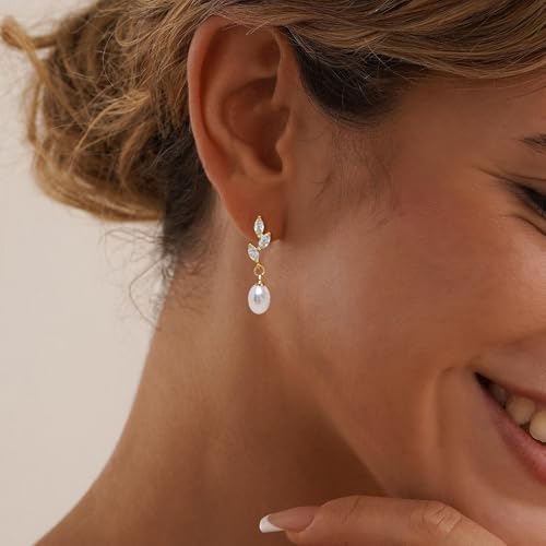 Pearl Earrings for Women, 14k Pearl Drop Dangle Earrings Gold Earrings for Women Trendy Cute Prom Bridal Earring Flower Long Earring Wedding Jewelry - color: style-5
