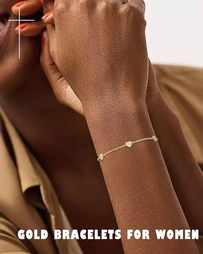 KOHOTA Silver Gold Bracelets for Women Trendy 14K Gold Plated Bracelet for Women Non Tarnish Dainty Stackable Clover Flower Heart Butterfly Diamond CZ Charm Station Bracelets Stack Jewelry Gifts - color: E: Heart-Gold