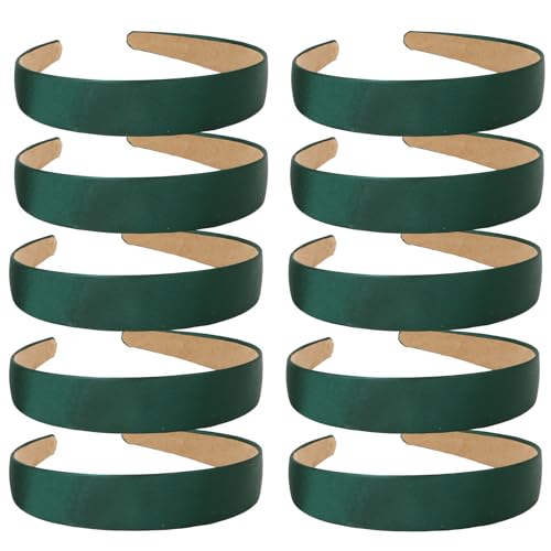 Wecoe 10 Pack Dark Green Headbands 1 Inch Wide Satin Headbands Women Non Slip Fashion Plain Head Bands Solid Hair Bands DIY St. Patrick's Day Hair Accessories for Women Girls Diademas Para Mujer - color: Dark Green