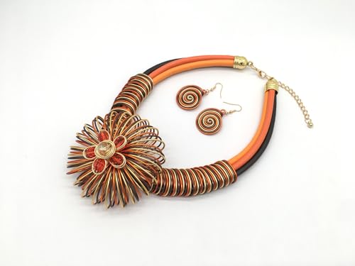 Statement African Necklace For Women African Jewelry Costume Earring Sets Tribal Fashion Colorful Big Rhinestone Crystal Pendent Collar Choker Bold Chunky Bib Handmade - color: Flower Orange