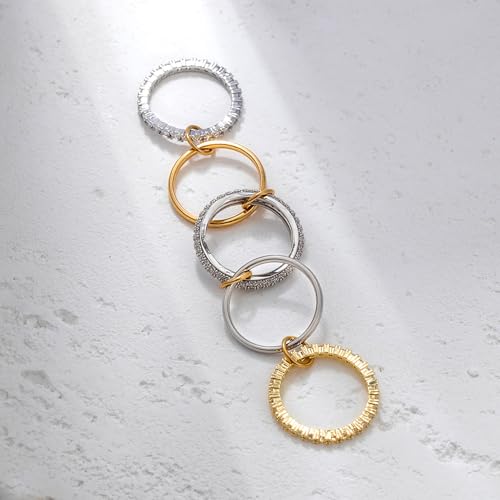 18K Gold Plated Stackable Rings for Women with Gift Box – Silver & Gold Multi-Link Connected Bands Set,Cubic Zirconia Mixed Metals Rings, Tarnish-Resistant Jewelry - color: five rings set, size: 6