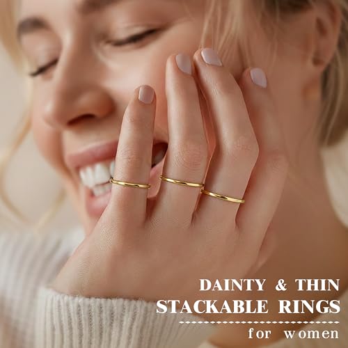 Gold Band Rings for Women Men Non Tarnish, Wedding 14K Gold Plated Stackable Ring Set for Couples, Dainty Thin Plain Simple Promise Dome Band Thumb Pinky 1mm 3mm 5mm Jewelry Gift Comfort Fit Size 3-13 - color: Gold-1mm 3PCS, size: 8