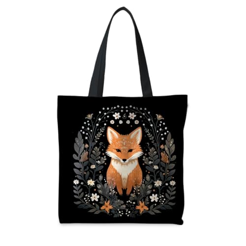 Preppy Animal Tote Bag, Pet Canvas Tote Bag, Reusable Grocery Shopping Shoulder Bags - color: Fox