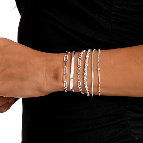 Dainty Gold Bracelets for Women, 14K Gold Plated Stackable Bracelet Set, Adjustable Beaded Cuban Paperclip Herringbone Figaro Snake Rope Chain Jewelry - style: Set6 Silver 6Pcs