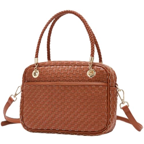 Chic Woven Crossbody Camera Bag, Soft Vegan Leather Purse with Designer Look & Braided Handle - color: Brown