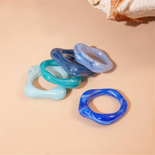 GYRMMUE Vintage Chunky Resin Ring Set for Women,Multicolor Acrylic Stackable Rings Irregular Plastic Knuckle Ring Set Y2k Aesthetic Statement Midi Rings Thick Dome Finger Jewelry - color: Blue