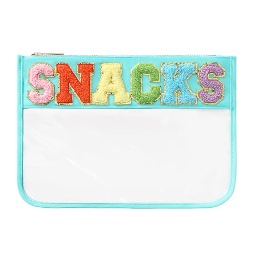 DYSHAYEN Chenille Letter Clear Zipper Pouch for Travel,Nylon Clear Cosmetic Bag,Makeup Travel Bag for Women Girls 11.8 Inches x 8.2 Inches - color: Green-Snacks