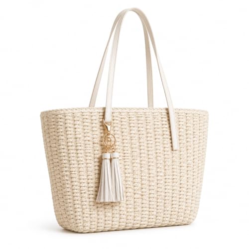 YXILEE Straw Bags For Women | M Size Travel Straw Totes Bag Woven Summer Handmade Shoulder Bag Handbag - color: White