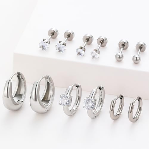 Silver Gold Plated Surgical Steel Flat Back Earrings for Women Hypoallergenic 14K Gold Plated Stud Huggie Earring Set Fashion Shell Cubic Zirconia Flatback Studs Cartilage Earrings Pack for Multiple Piercing 5/8Pairs - color: 6 Pairs Silver Plated Hoops F