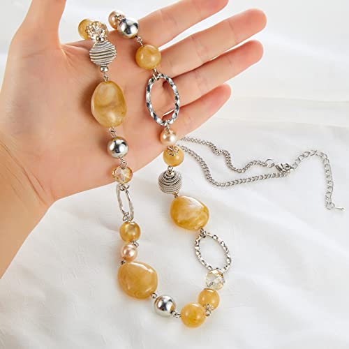 BULINLIN Beaded Long Necklace for Women Silver Sweater Chain Necklace with Crystal Resin Beads, Fashion Jewelry Necklace - color: Beige