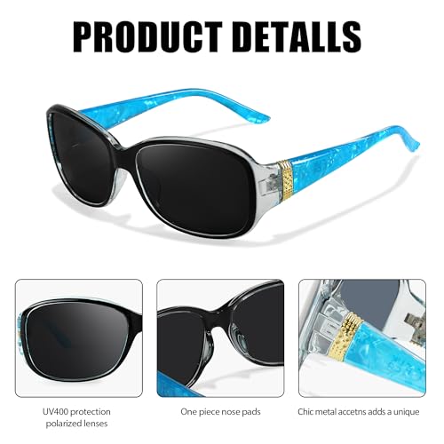 LVIOE Trendy Sunglasses for Women, Polarized Chic Wrap Around Sun Glasses UV400 Protection - color: A1 Black Blue Frame/Grey