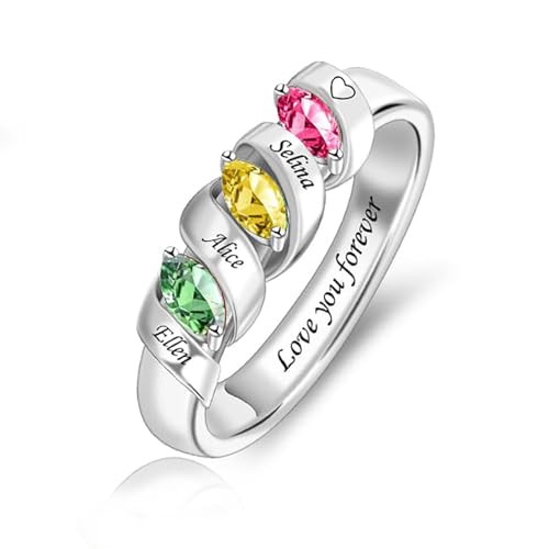 MissNaNa Mothers Ring With 1/2/3/4/5/6 Birthstones Personalized Engraved Name Rings for Women Stacking Birthstone Ring for Mom Grandma Daughter Wife Birthday Christmas Gift - color: 3 Stones