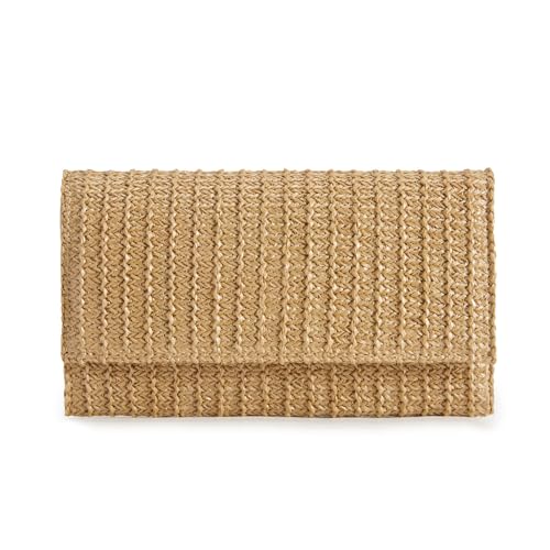 Huralona Women Straw Woven Clutch Purse Pleated Handbag for Summer Beach Vacation Straw Shoulder Crossbody Bag - color: Khaki3