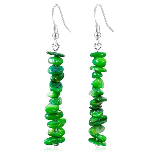 Handmade Bohemian Vintage Silver Nature Stone Beads Long Dangle Drop Earrings for Women - color: Bright Green