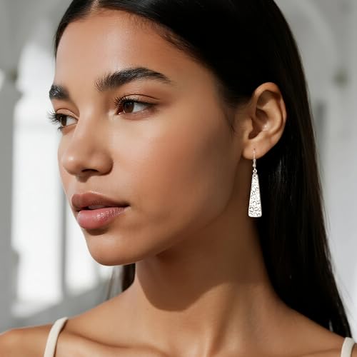 ALEXCRAFT Hammered Silver Dangle Earrings for Women, 14K Gold Plated French Leverback Earrings, Hypoallergenic Lightweight Statement Hammer Square Bar Long Drop Earing for Women Trendy Jewelry Gifts - color: SilverA