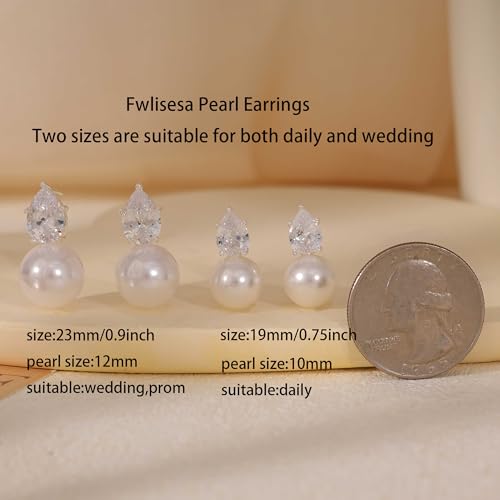 Pearl Earrings for Women, Dainty Wedding Bridal Earrings 14k Gold Plated CZ Pearl Drop Earrings for Women Trendy Hypoallergenic Unique Gold Drop Earrings Fashion Prom Jewelry - color: Silver-J