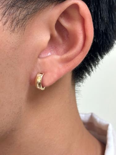 14K Gold Huggie Hoop Earrings (5mm Wide Huggie), Real 14k Gold Hoops - style: Yellow Gold 13mm