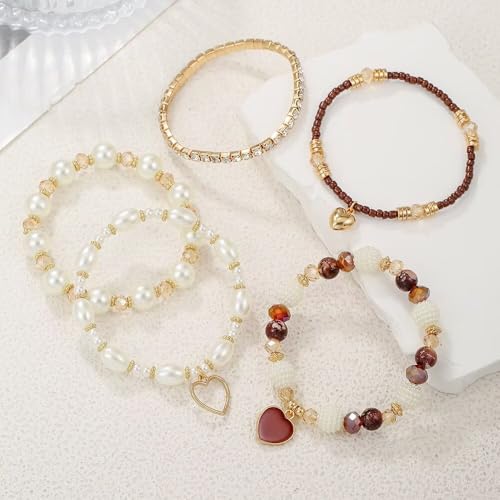 2 Pcs Western Jewelry for Women Bohemian Set, Boho Stackable Beaded Bracelets Vintage Round Disc Drop Earrings Stretch Brown Faux Pearl Heart Crystal Stretchy Bangles Prom