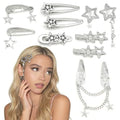 10PCS Y2K Silver Star Hair Clips, 8 Different Shapes Metal Pentagram Barrettes, Punk Kawaii 2000s Hair Clips Cute Y2K Accessories WomenStar Clips Hair for Women and Girls