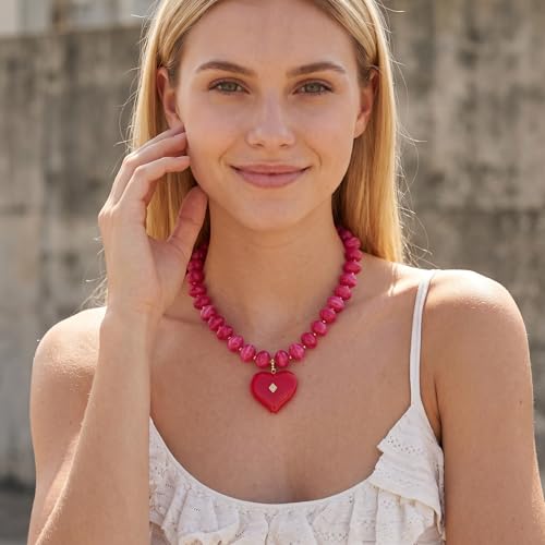 Elegance 11 designs Chunky Heart Necklace for Women, Colorful Acrylic Beaded Statement Puff Heart Necklace, Cute Boho Y2K Choker Necklace for Gift Jewelry - color: Rose