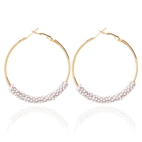 2 Pairs Bohemian Colorful Beads Circle Round Hoop Earrings Gold Hoop Dangle Earrings for Women Vintage Boho Jewelry - color: white black