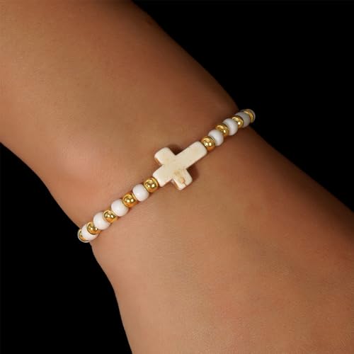 Gold Beaded Pearl Cross Stack Friendship Bracelets Set for Women, 4Pcs Boho Trendy Handmade White Beads Elastic Stretch Stackable Bracelet Prom Jewelry Gift.