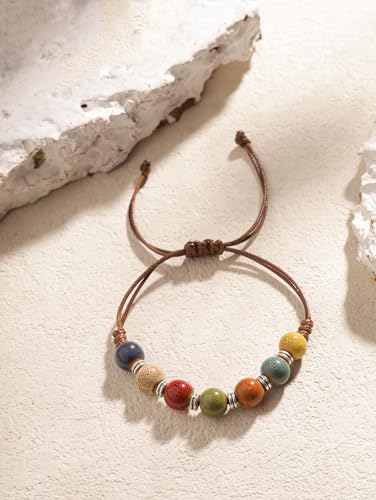 MINACHI Bohemian Colorful Ceramic Bead Adjustable Leather Bracelet, Boho Hippie Summer Jewelry Gift for Women - color: S05