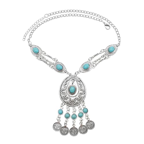 Bethynas Bohemian Ethnic Tribal Chunky Necklace Multilayer Long Tassel Turquoise Statement Neck Chain Retro Coin Gemstone Exaggerated Costume Accessories for Women - color: F-Blue