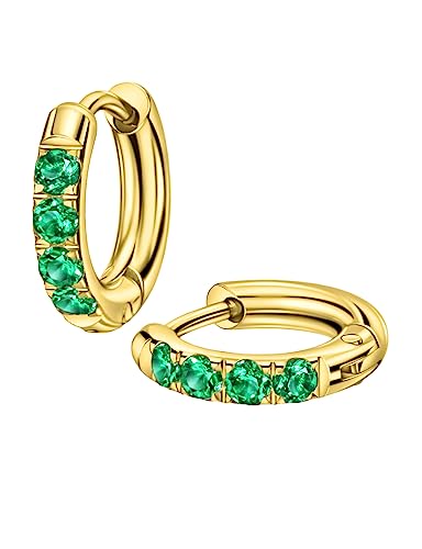 316L Surgical Stainless Steel Huggie Hoop Earrings with Cubic Zirconia, 10G 12G 14G 8-20mm Cartilage Lobe Earrings, 14G Piercing Jewelry - style: 10G 8mm Gold with Green CZ
