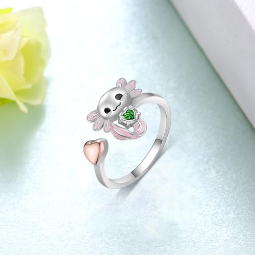 Axolotl Rings 925 Sterling Silver Axolotl Ring Cute Axolotl Jewelry Gift for Women Girls Daughter - color: May