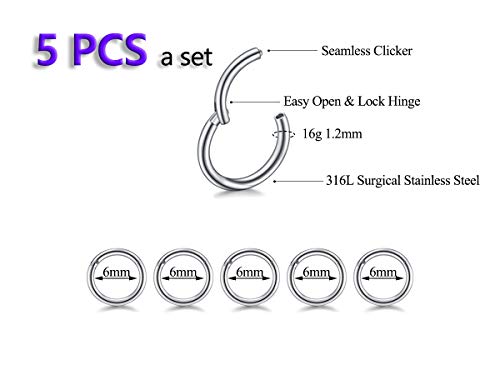 5Pcs 16G 18G Surgical Steel Nose Rings Hoop Tragus Septum Cartilage Hoop Earrings For Women Men Body Piercing Jewelry Kit Bar Length 6mm/8mm/10mm/12mm/14mm - style: 5Pcs -16G - Steel - 6mm