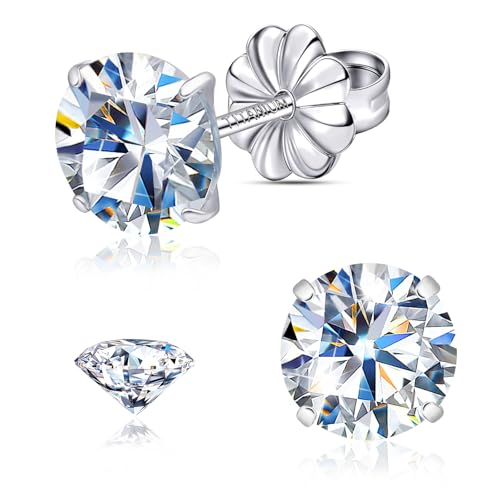 Moissanite Stud Earrings, G23 Hypoallergenic Titanium Stud Earrings for Women Men, Round Cut D Color VVS1 Clarity 18K White Gold Palted Multicolor Moissanite Jewelry, 0.6CT-3.0CT - color: White, size: (1.5ct*2)-7.5mm-3.0 Carat