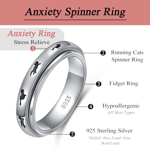 Ladytree Spinner Fidget Ring Sterling Silver Thumb Band for Women Anxiety Ring Platinum Plated Worry Stress Relief Just Breathe Boredom ADHD Autism Rings Boho Jewelry Gift - color: C-cats