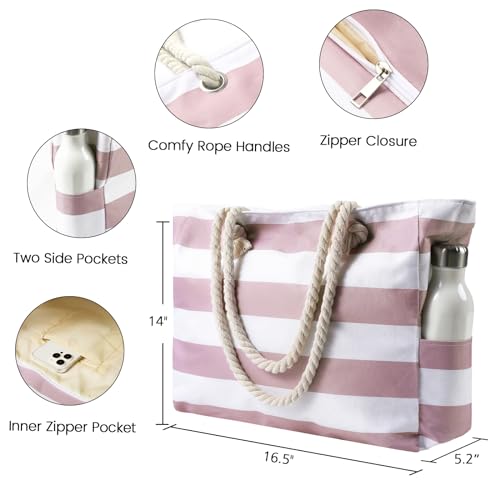 Clothirily Beach Bag for Women - Large Beach Tote Bag, Waterproof Sandproof Beach Bag with Zipper, Large Swim Pool Beach Tote - color: Pink