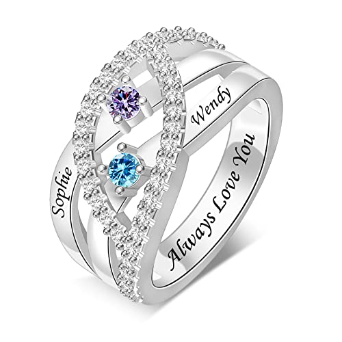 Personalized Name Family Rings Custom 1-6 Birthstones Mother's Rings Sterling Silver Promise Ring for Mother's Day Daughter Grandma Women - color: 2 Stones