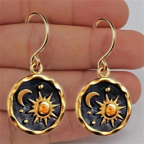 MALOYANVE Vintage Sun and Moon Drop Dangle Earrings for Women Unique lightweight Handmade Retro Boho Antiqued Gold Silver Round Coin Earrings for Women Jewelry - color: Gold