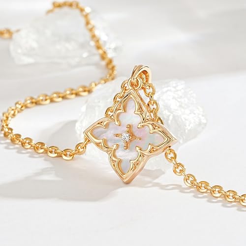 Fettero Gold Clover Necklace for Women Dainty 14K Gold Plated CZ Pendant Necklace Adjustable Chain Choker Charm Colorful Clover Pendant Lucky Necklaces for Women Jewelry - color: White - Mohter of Pearl