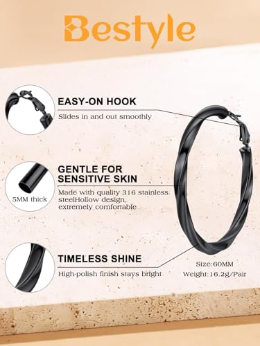 Bestyle 5mm Thick Gold Hoop Earrings Hypoallergenic Hoops for Sensitive Ears Trendy Lightweight Chunky Earrings for Women 30/40/60/80mm - color: 02-Black, size: 60mm