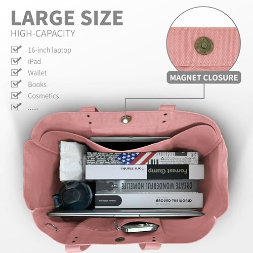 HOMESPON Large Canvas Tote Bag for Women Everything Bag with Pockets and Laptop Sleeve - color: Pink