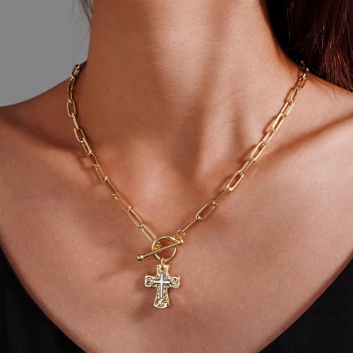 Chunky Cross Necklace for Women, 14K Gold/Silver Plated Statement Paperclip Chain Double Cross Pendant Necklaces Non Tarnish for Faith Religious Christian Jewelry Gifts - color: Gold2