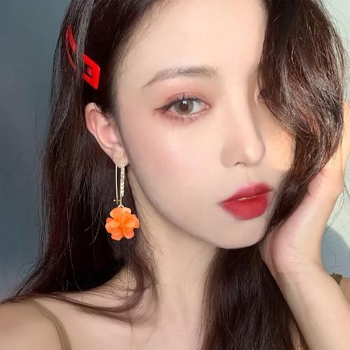 Boho Flower Dangle Earrings for Women Long Drop Resin Acrylic Tiered Petal Statement Earrings Handmade Lightweight Vintage Floral Chunky Drop Jewelry - color: Orange
